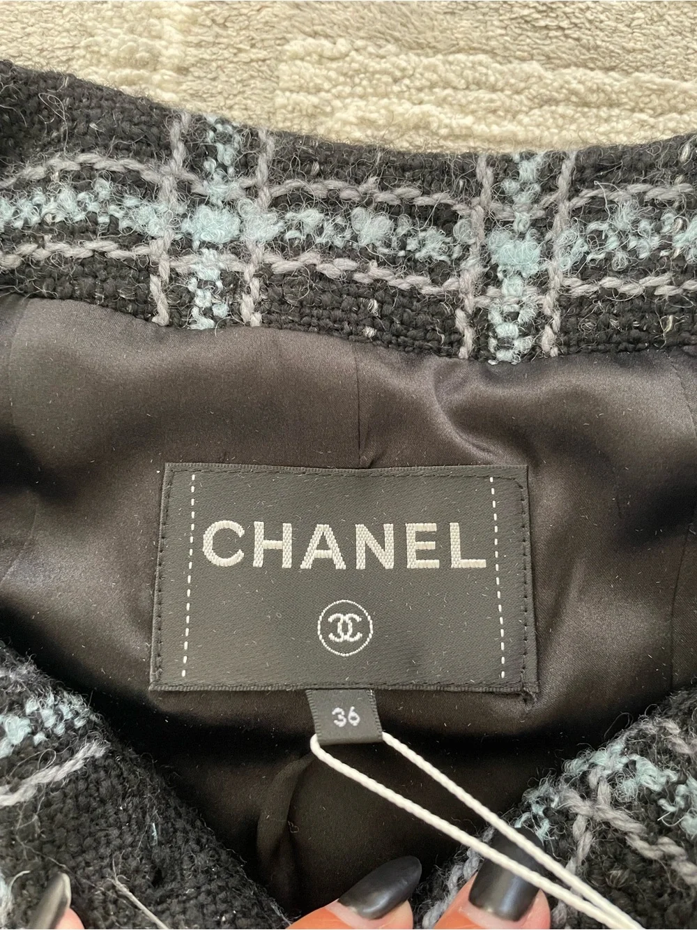 CHANEL Black and Light Blue Plaid Tweed Blazer